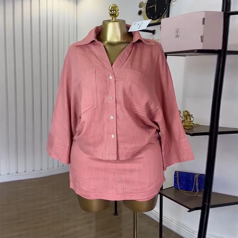 Women's Summer Two Piece Set Pink High Waist Mini Skirt with Button Front Blouse Sweet And Fresh Printed Tie Waist Skirt