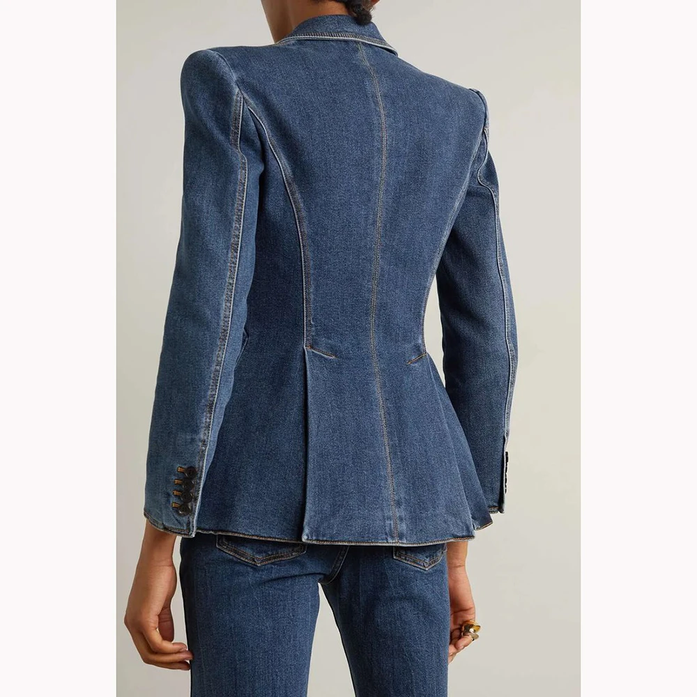 Cowboy Blue Women Suit Fitted Slim Chic Customized Single-grain Buckle Two Pieces(Jacket+Trousers) Ladies Business Office Set