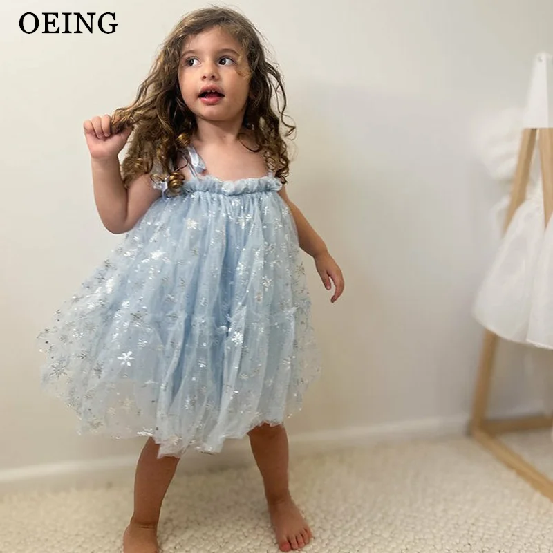 OEING Cute A-Line Sky Blue Flower Girl Dresses Knee Length Sky Blue Star Sequined Birthday Party Dresses Girl Dress Customized