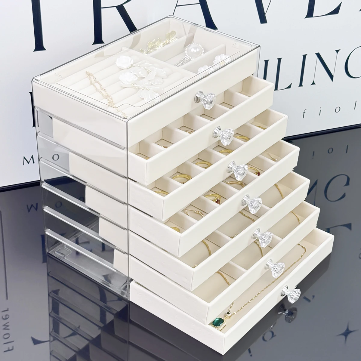 Large Capacity Multi-Layer Stackable Jewelry Box, Multi-Functional Desktop Divided Compartment Jewelry Organizer Storage Case wi
