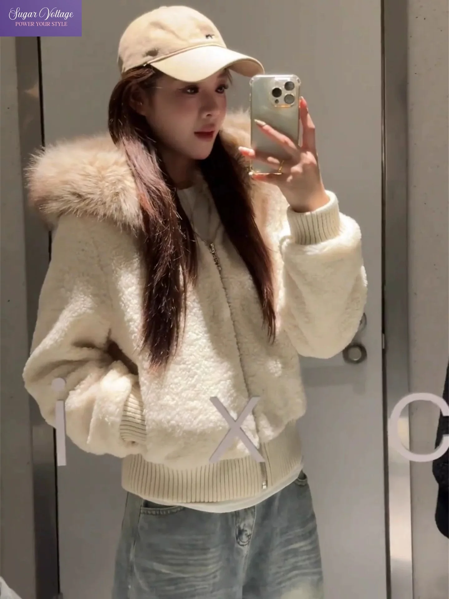 Winter Cozy Korean Chic Fuzzy Sherpa Faux Fur Hooded Full Zip Up Parka Loose Fit Cropped Soft Thick Warm Coat Casual Daily Wear