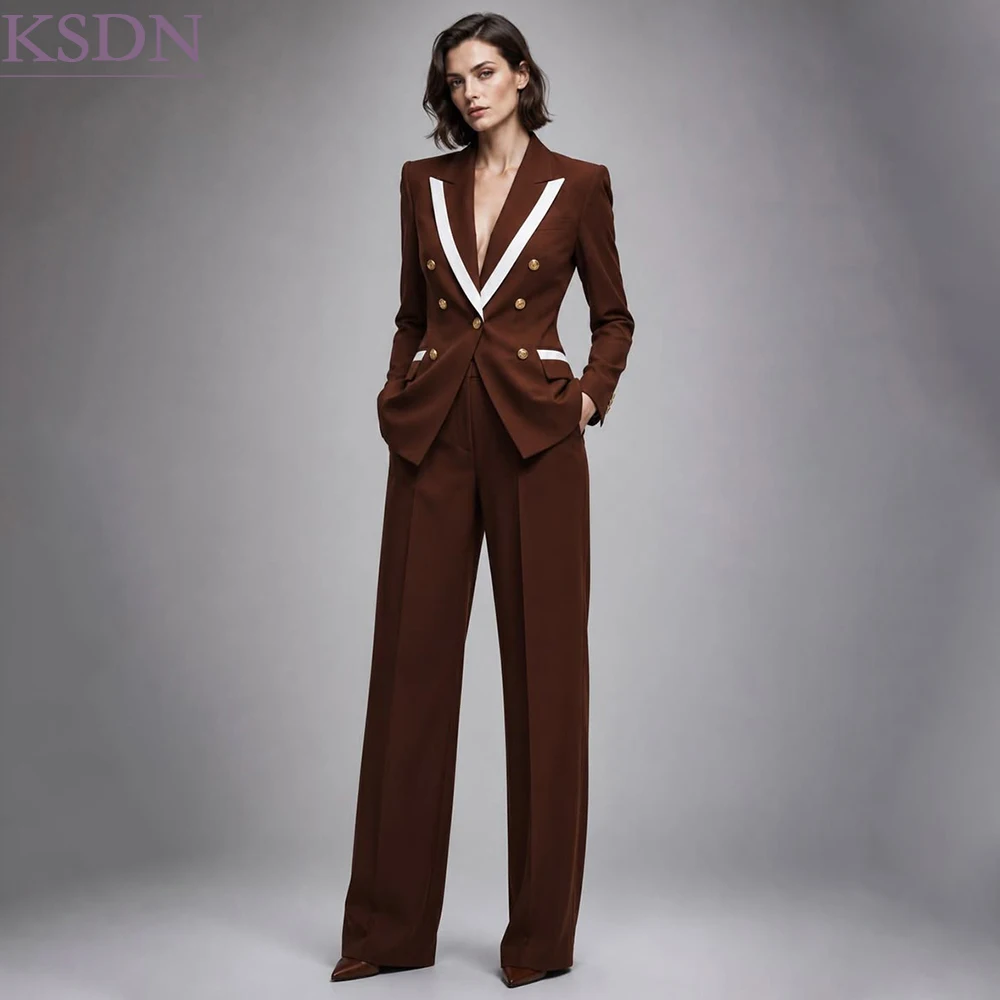 Designer Brown Women Suits Formal Business 2 Piece Jacket Pants Full Sets Skinny Fit Office Lady Female Clothing Blazer