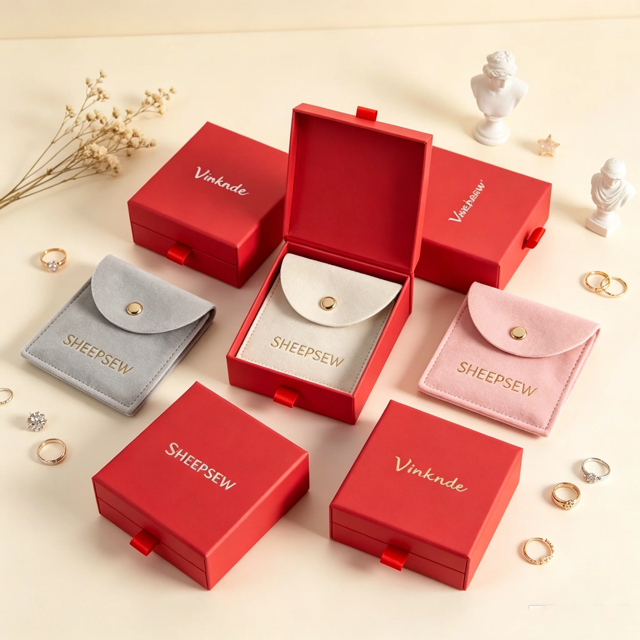 SHEEPSEW 24Pcs/Lot 10103.5cm Paper Drawer Gift Jewelry Box Custom Logo, With Sponge Liner & Microfiber Snap Bag for Ring Neckl