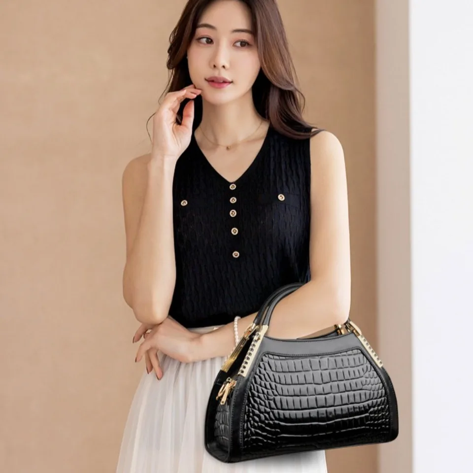 Pure Color Travel Commuting Large Capacity Textured Single Shoulder Crossbody European Style Tote Bag for Women