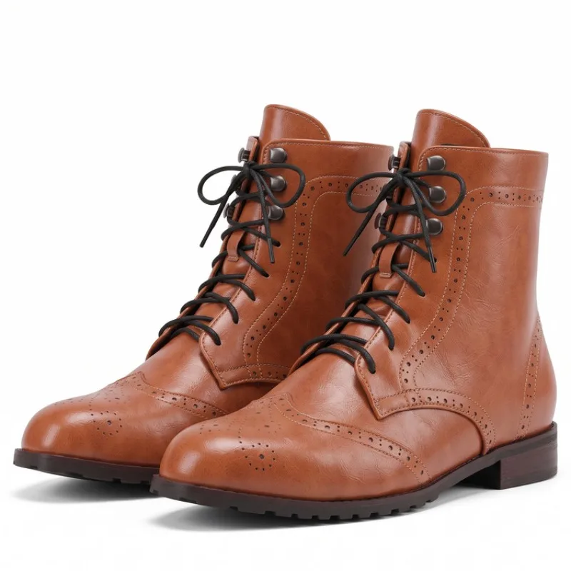 Brogue Ankle Boots Women's Leather Shoes Ladies Vintage French Lace up Low Heel Short Boots Plus size 36-50