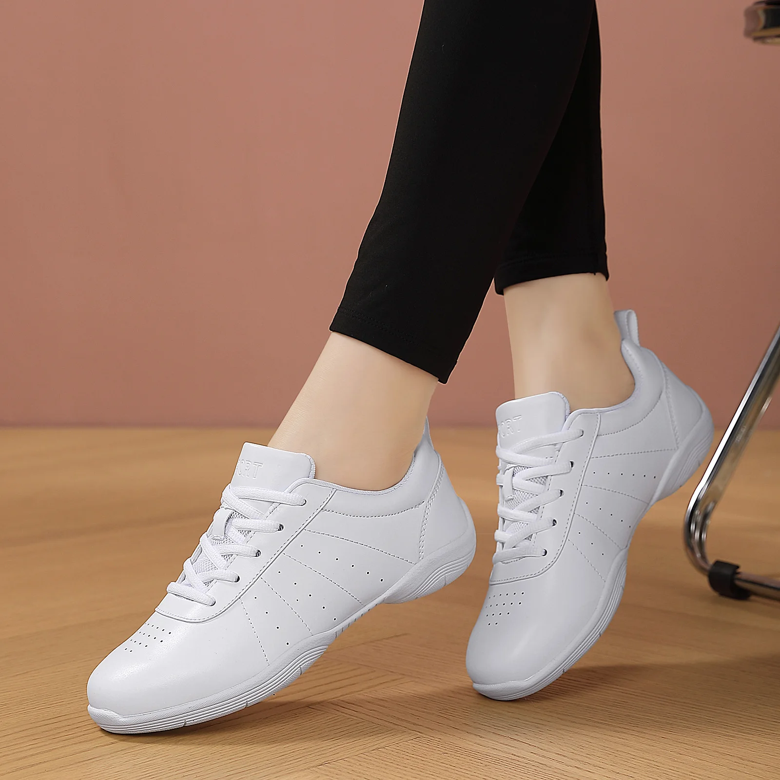 2326WhiteLeather Upper Aerobics Shoes Women Lightweight Cheerleading Sneakers Girls Athletic Footwear Fitness Dancing Sports Sho