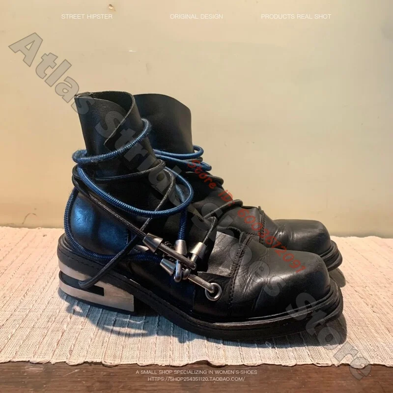 Vintage Wrinkled Leather Elastic Strap Ankle Boots Hollow Cutout Silver Metal Block Heel Dark Avant Industrial Unisex Boots