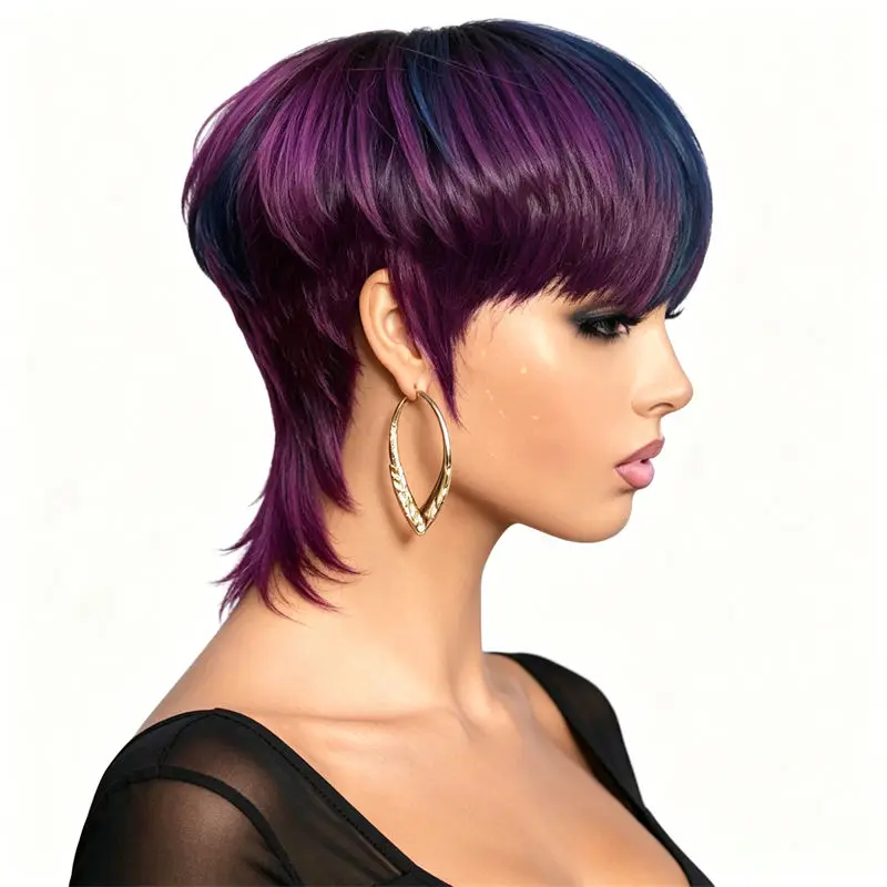 Short Pixie Cut Human Hair Mullet Wig Two Tone Dark Purple Streaks Full Machine Made Fashion Easy Wear For Women Party Daily Use
