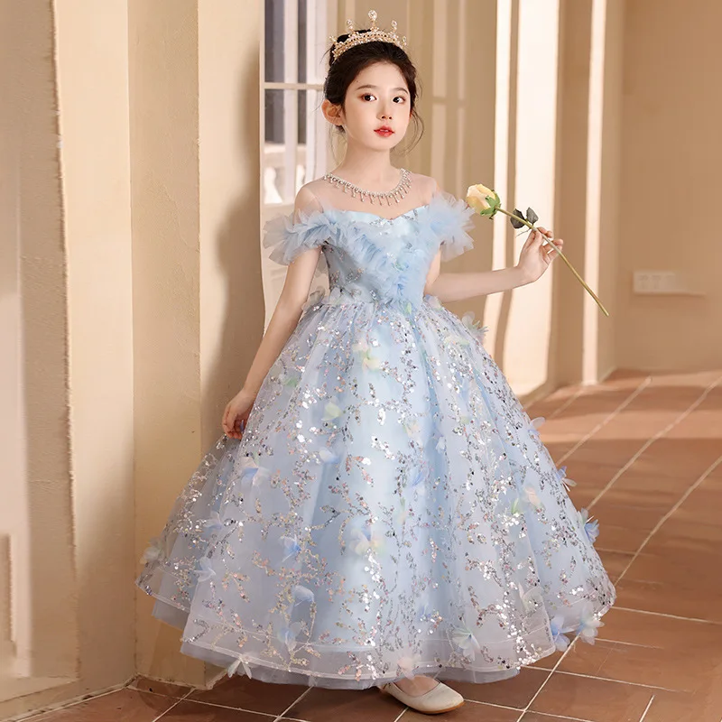 Custom Flower Girl Dress Wedding Dress Party Kids Off Shoulder Sheer Neck Sequin Butterfly Embellished Tulle Ball Gown Formal