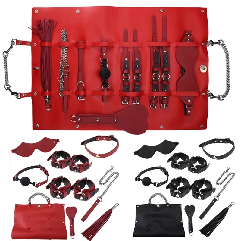 High quality BDSM Genuine Leather Bondage Set Fetish Handcuffs Collar Gag Whip Erotic Sex Toys For Women Couples Adult Games