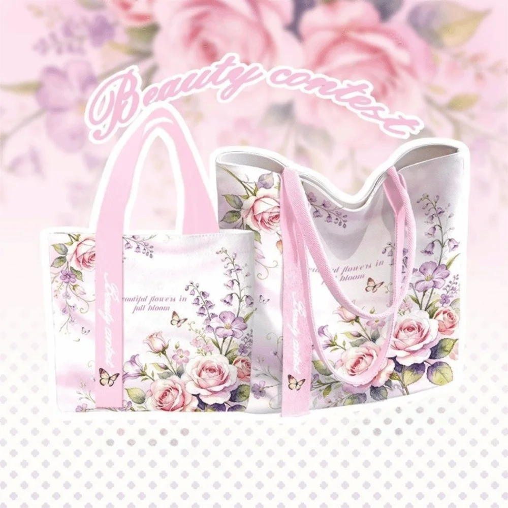Portable Floral Canvas Tote Bag Large Capacity Reusable Commute Handbag Lightweight Shoulder Bag For Students