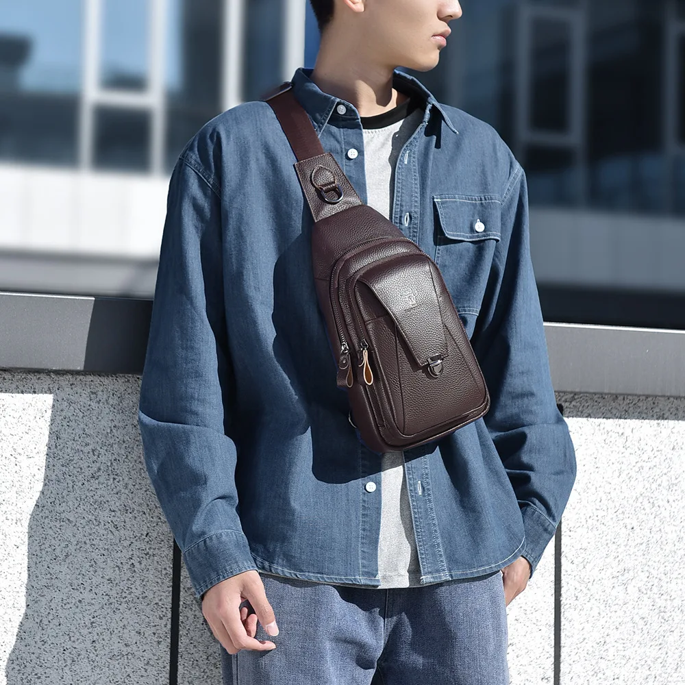Cowhine cross backpack men's leather chest bag large capacity one shoulder sling before hanging bag retro