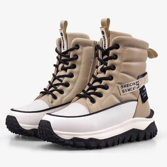 2026 popular anti slip thick soled leather boots for women with plush fashion, cotton boots for warmth and winter snow boots