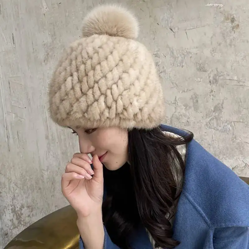 Mink Fur Hat Hand Made Knitted Thickened Straw Hats With Fox Fur Ball Fashion fur Cap Women's Natural Fur Hats Black Fur Caps