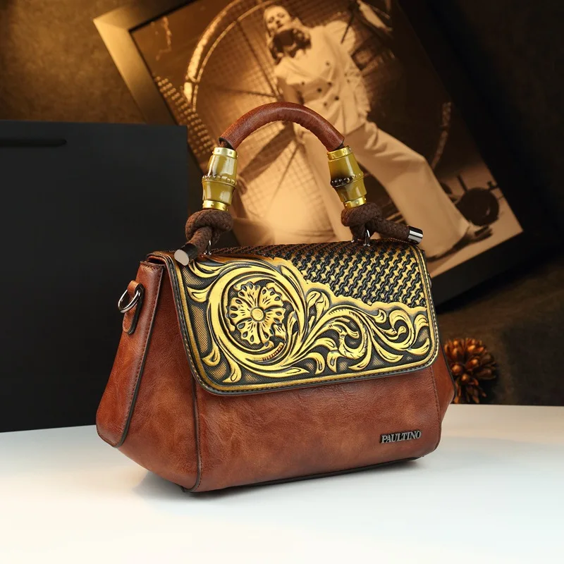 New European and American retro embossed distressed relief single-shoulder crossbody knot hemp rope handbag