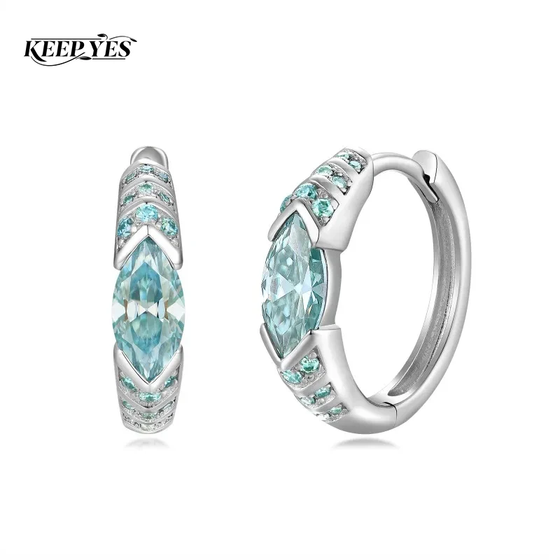 KEEP YES 1ct 4*8mm Marquise Cut Blue Green Moissanite Diamond Hoop Earrings for Men Women Hiphop S925 Sterling Silver Pass Test