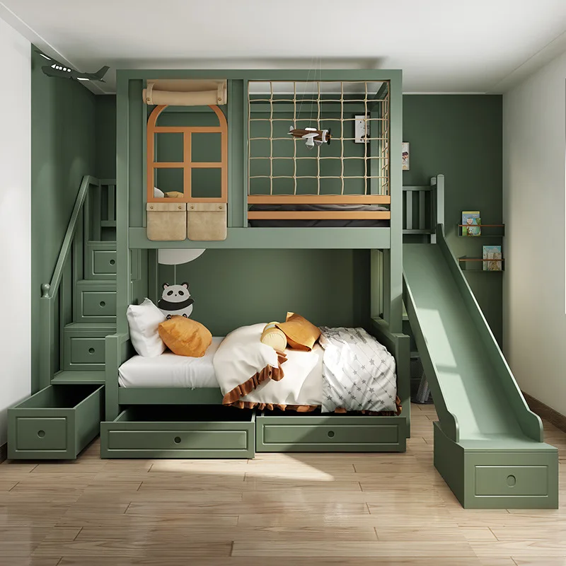 Modern Design Multi-functional Children Use Twin Size Kids Wooden Bunk Beds With Stairs and Bookcase