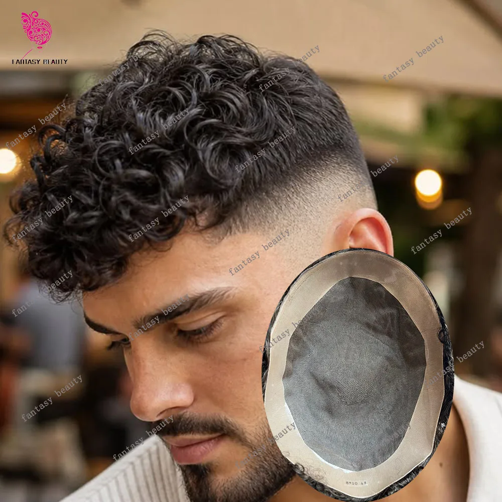 Natural Frontline Capillary Prosthesis Black Brown Man 28mm Curly Human Hair Men Toupee Super Durable Fine Mono Base Male Wigs