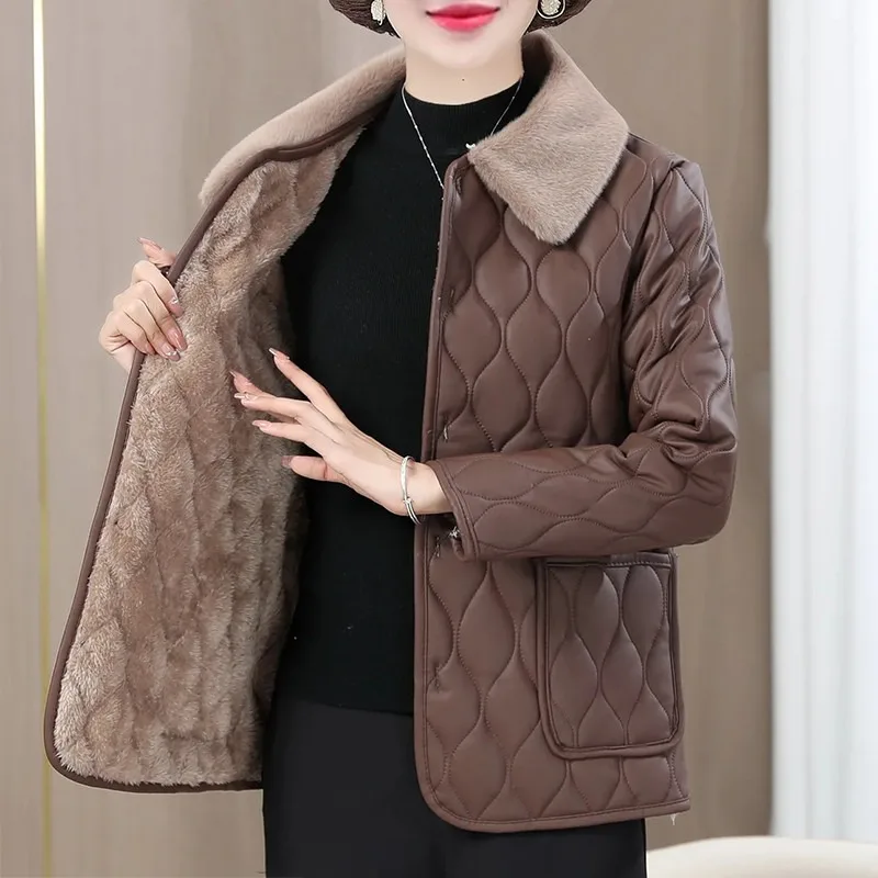 Mature Women Autumn Winter PU Leather Coat Fleece Lined Thick Warm Slim Quilted Jacket For Daily Wear