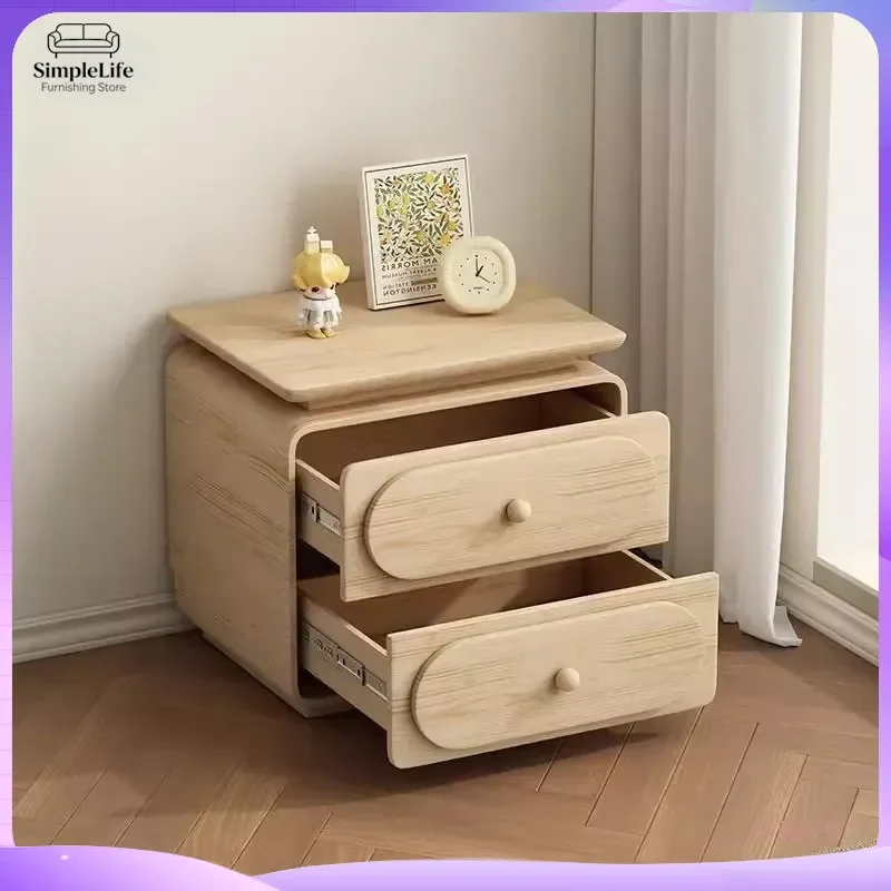 Cream Solid Wood Bedside Table Modern Minimalist Nightstand with Storage for Bedroom Living Room Small Space Home Furniture