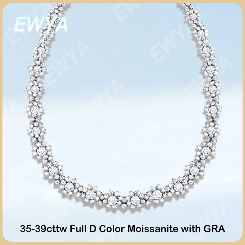 EWYA Luxury 35-39cttw D Color Gradient Full Moissanite Sunflower Tennis Necklace for Women S925 Silver All Diamond Neck Chain