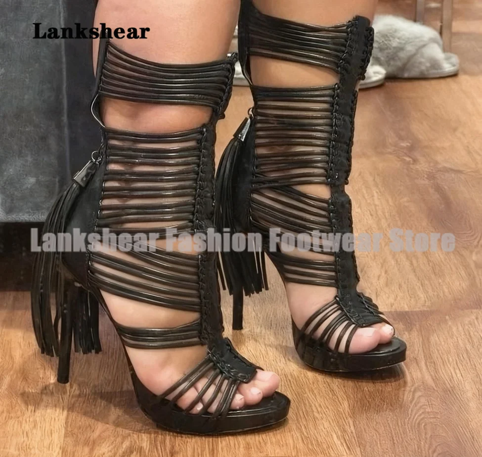 Tassel Zipper Strappy Sandals Gladiator Lace-Up Cut-Out Street Style High Heels Women Shoes Summer Sandalias De Mujer Verano