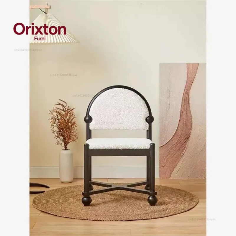 Dressing Stool Makeup Chair French Retro Dining Chair Round Craft Solid Wood Lambskin Backrest Chair