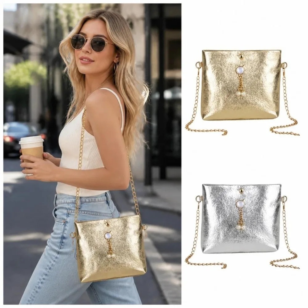 New PU Leather Crossbody Bag Chain Strap Pearl Tassel Decor Clutch Purse Mini Handbag Women