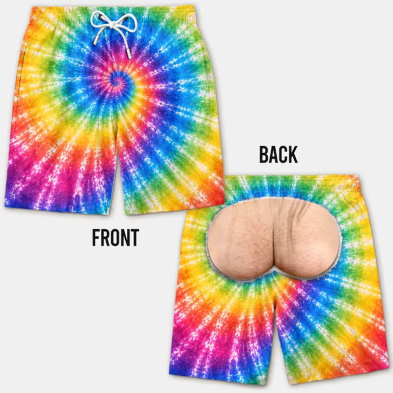 Funky Rainbow TieDye Novelty Beach Party Swim Trunks 3D Print Fake Skin Board Shorts Summer Fashion Viral Beach Shorts Fun Gift