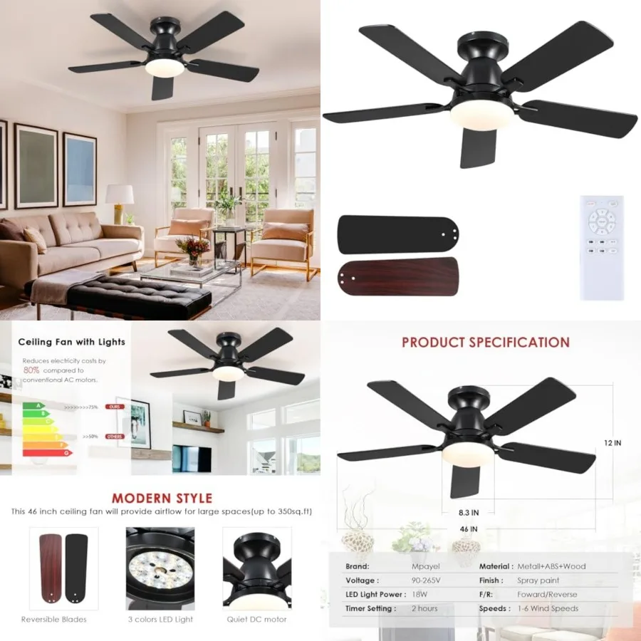 Low Profile Ceilg Fan with Light, Flush Mount Ceiling Fans with Lights and Remote, Low Noise, Reversible, Dimmable, Modern Ceil