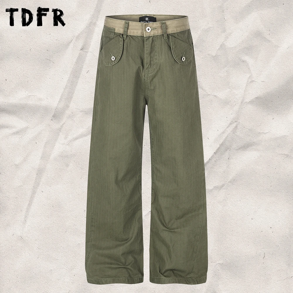 Spliced Contrast Trousers Mens Casual Multi-Pocket Loose Straight-leg Cargo Pants Man