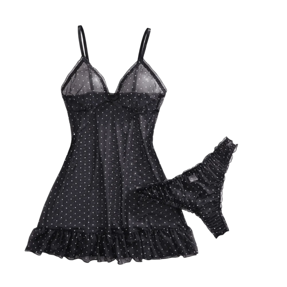 Casual Thin Polka Dot Sweet Nightdress Mesh V Neck Sheer Nightwear Skirt Transparent Ruffle Hem Sleeveless Nightgown Honeymoon