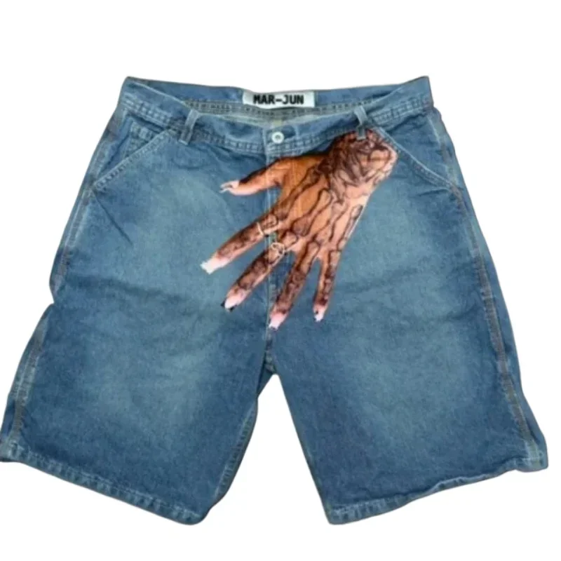New Retro Hip-hop Blue Baggy Hand Print Men Denim Shorts Y2K Gothic Harajuku Sports Pants Basketball Shorts Shorts Long Pants