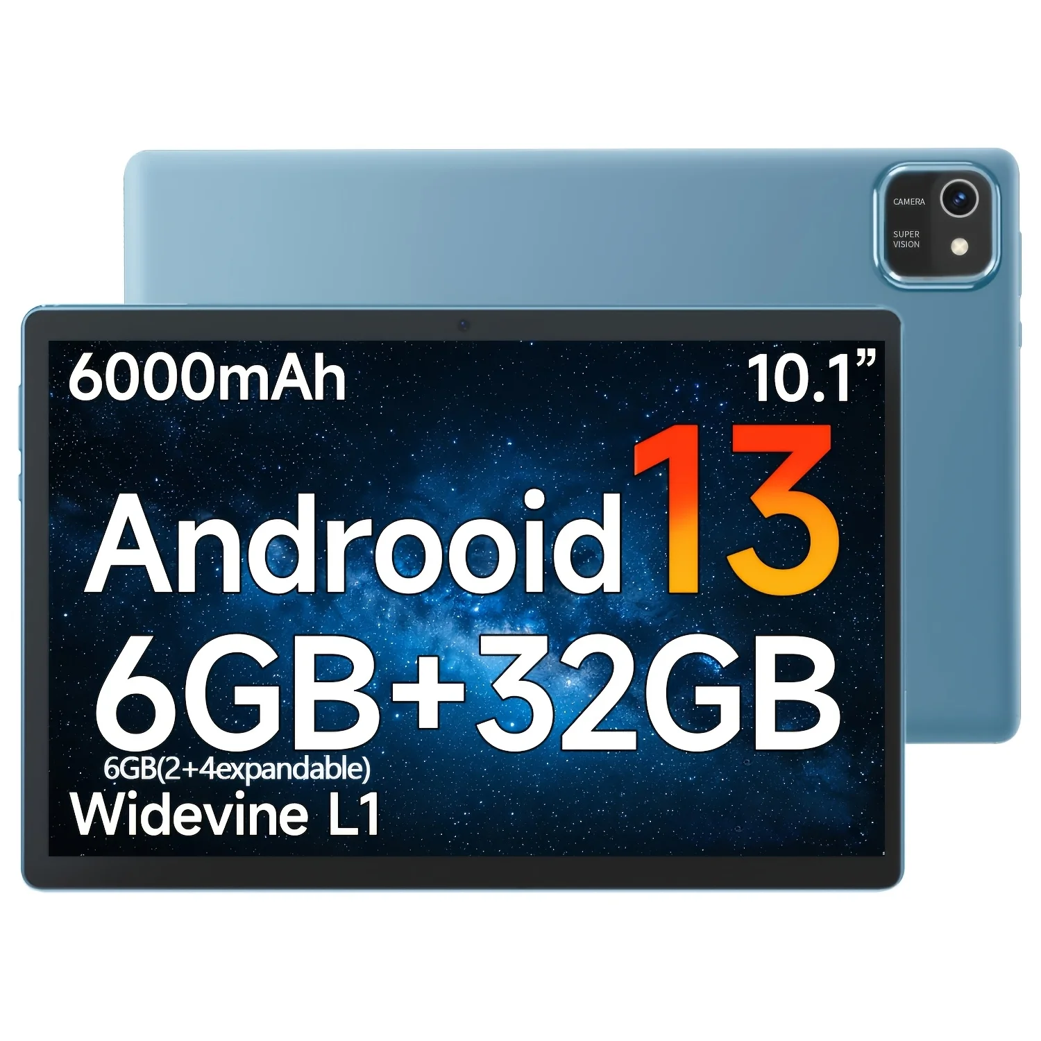 Android13 Tablet,Quad Core,6GB (2GB+4GB Expand) RAM+32GB Storage,1TB Expansion,WiFi,2MP+8MP Camera,6000mAh Battery,10.1" Screen