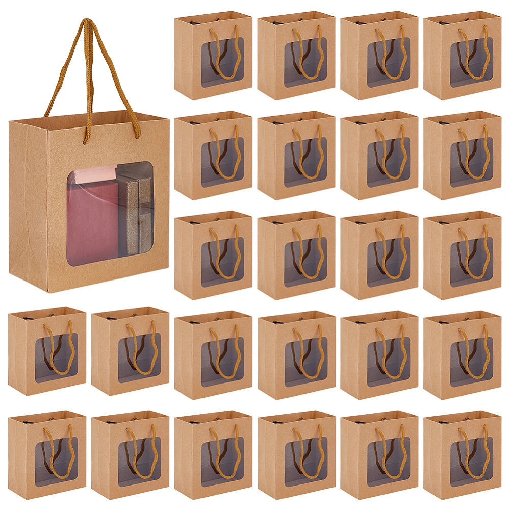 30 Pcs Brown Paper Bags with Handles 5.8x5.5x0.1 inch Kraft Bags with Window Paper Craft Bag for Present Wedding Birthday