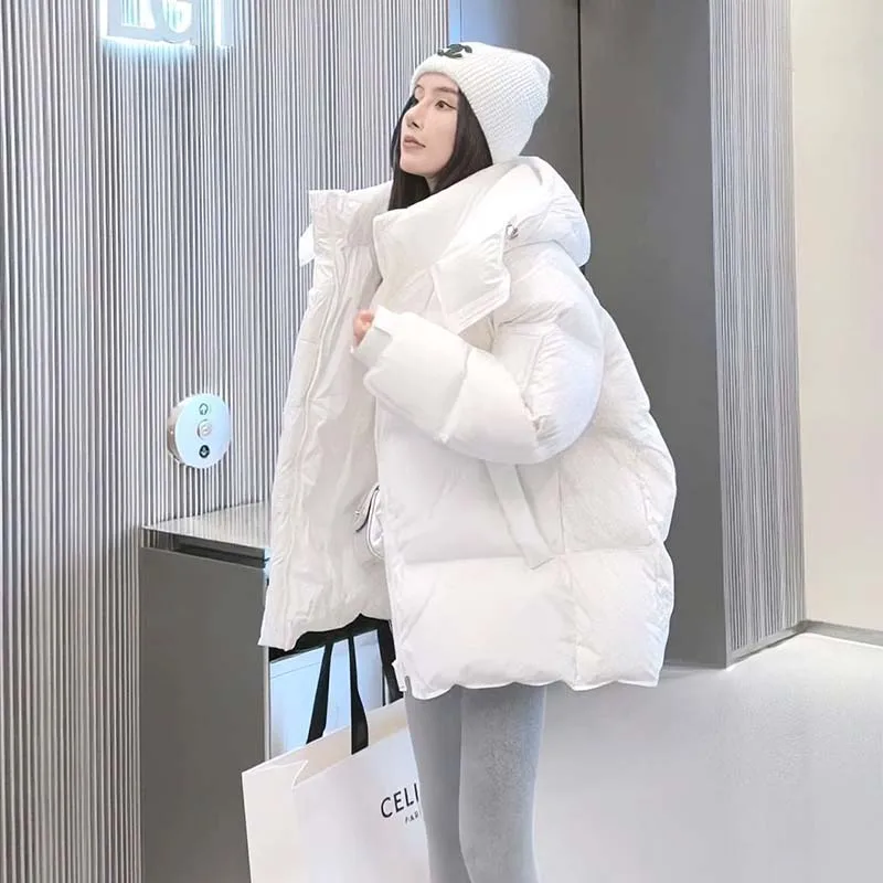 2026 Korean Oversized Hooded Bubble Puffer Jacket Women Mint Green Loose Mid Length Quilted Warm Winter Down Coat Outerwear