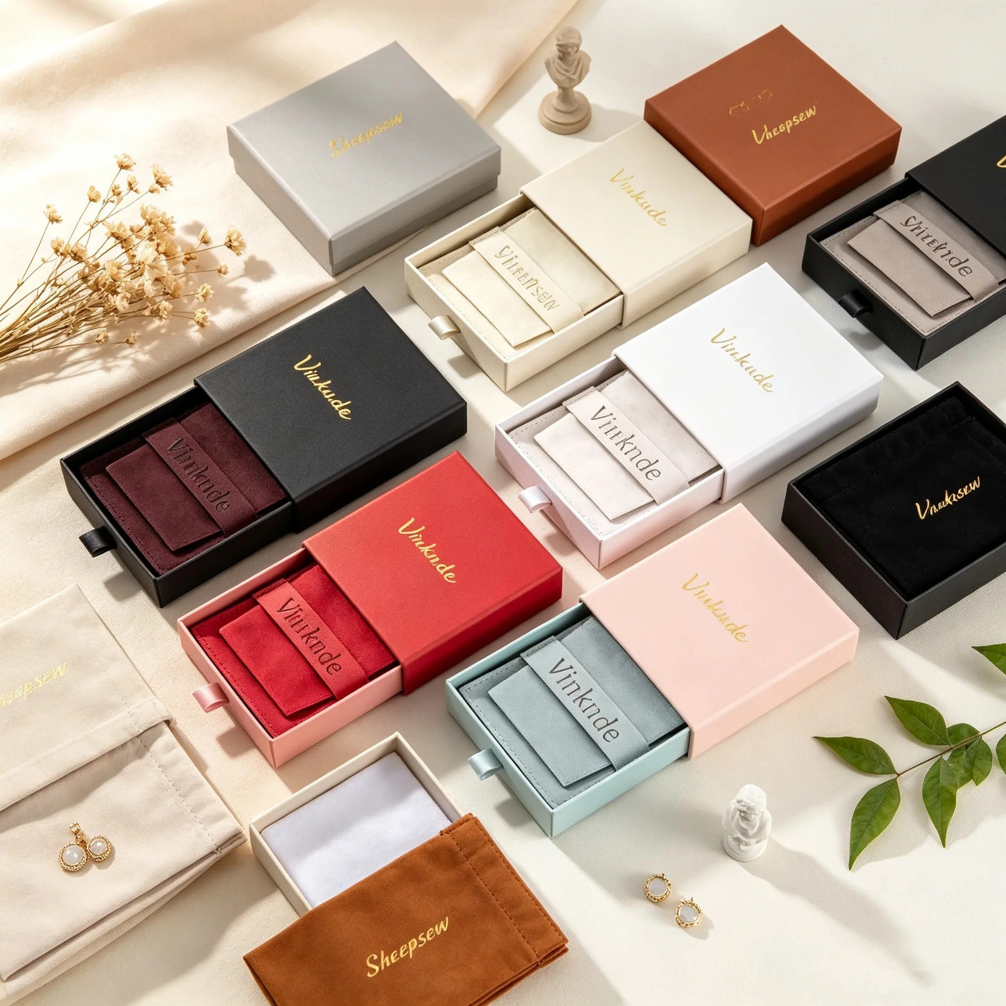 SHEEPSEW 24Pcs Luxury Slide Drawer Cardboard Jewelry Box Custom Logo Foam Insert Microfiber Velvet Storage Bag For Necklace Earr