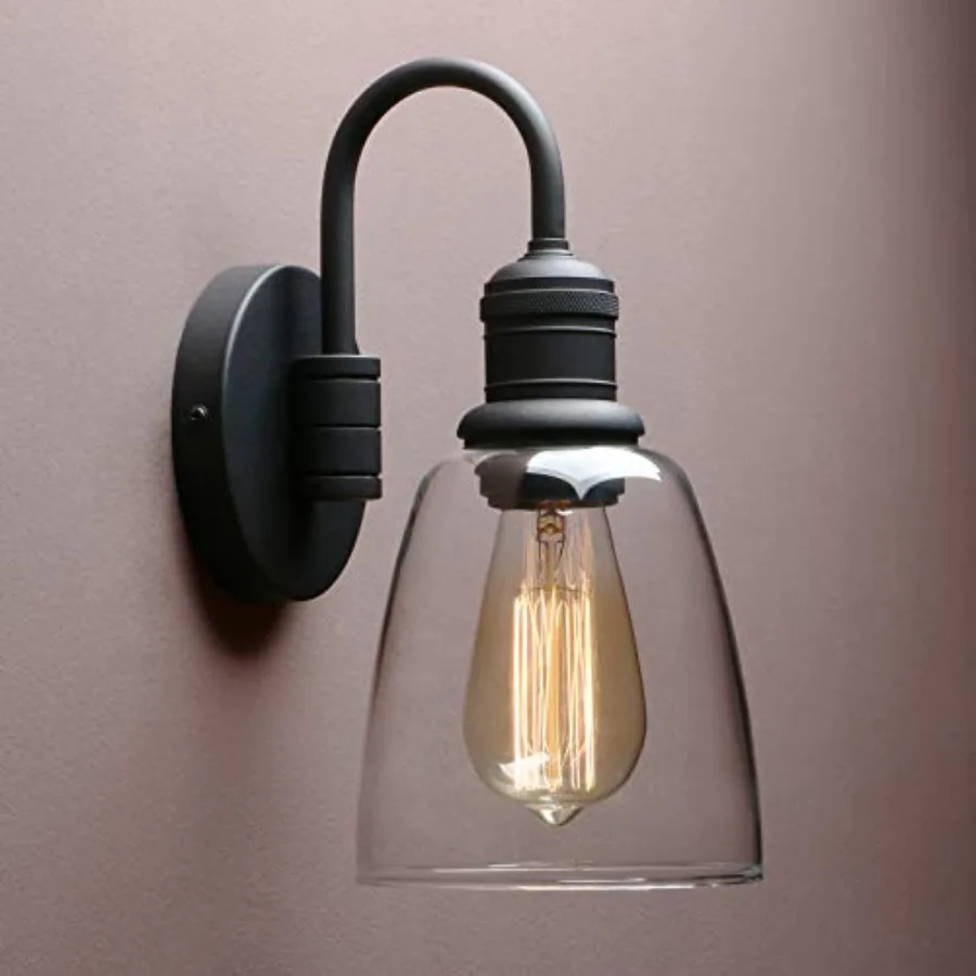 1-Light Vintage Wall Sconce Industrial Fixture Light with Elegant Gooseneck Curved Rod Indoor Clear Glass Shade Wall Lamp Light