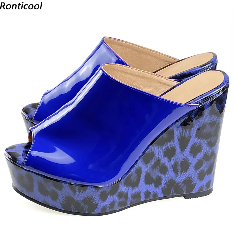Ronticool Handmade Women Sandals Patent Leather Blue Leopard Wedges Heels Open Toe Pretty 9 Colors Night Club Shoes US Size 5-20