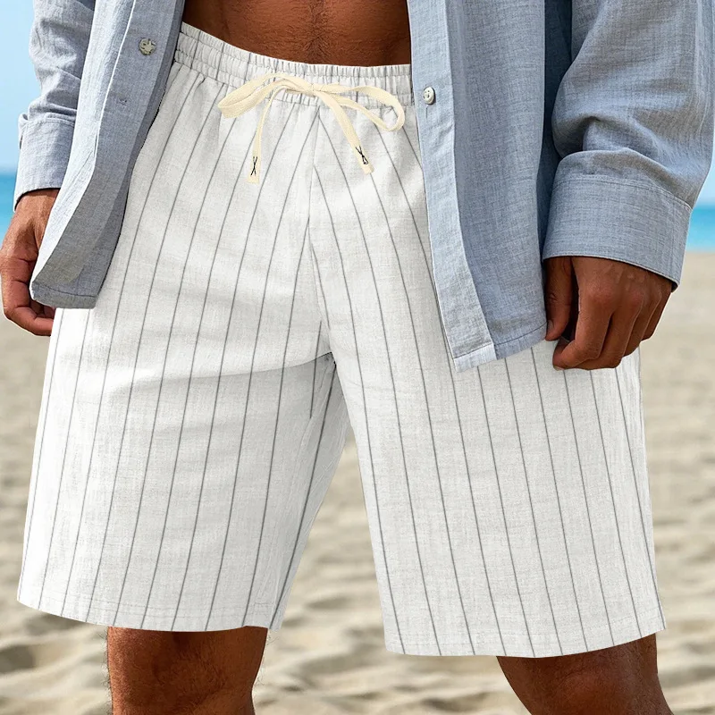 Men's-Casual-Fashion-Drawstring-Shorts-European-American-Style-Elastic-Waist-Thin-Cotton-Linen-Striped-Beach-Shorts-for-Summer