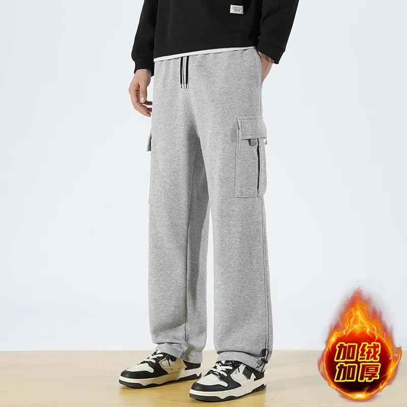 Men's Autumn Winter Tactical Cargo Sports Pants FleeceLined Thick WideLeg Multi Big Pockets Versatile Casual Long Trousers