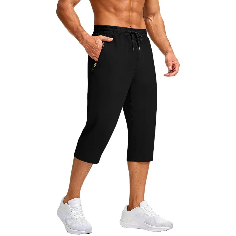 Men's 3/4 Length Athletic Sweatpants Drawstring Waist  Joggers with Zipper Pockets Casual Workout Running Shorts