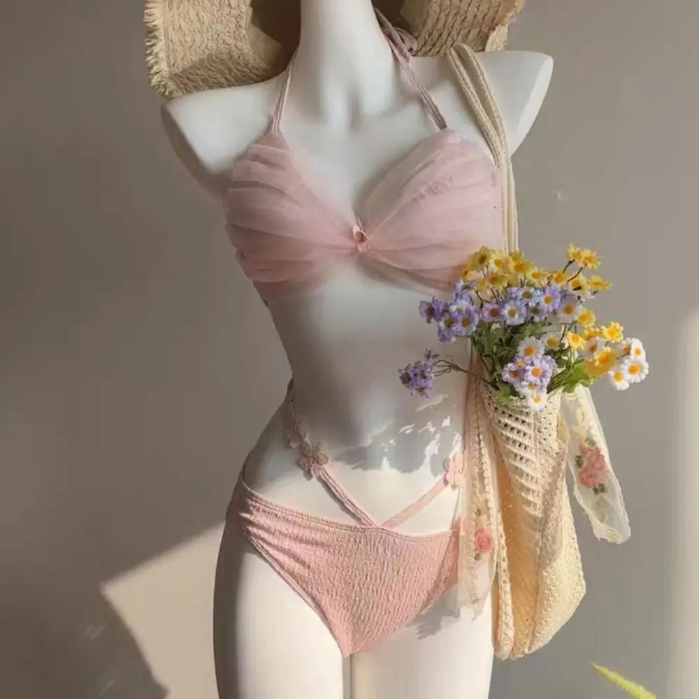 Sweet Sleeveless Bikini Set Slim Fit Lace Up 3-pieces Swimsuit Deep-V Mesh Swimwear Set Pool Party