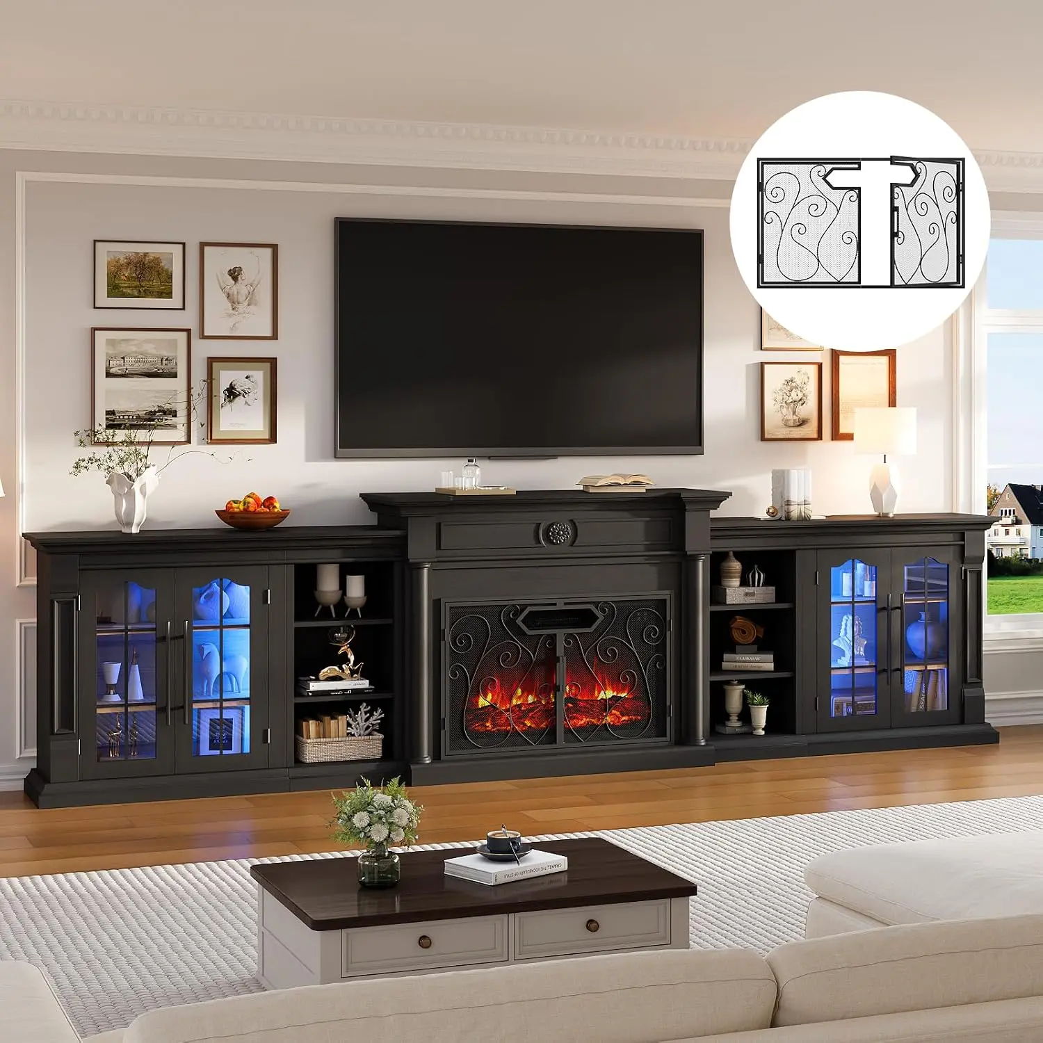 136" Fireplace TV Stand with Metal Screen & 5-in-1 Modular Design, Customized