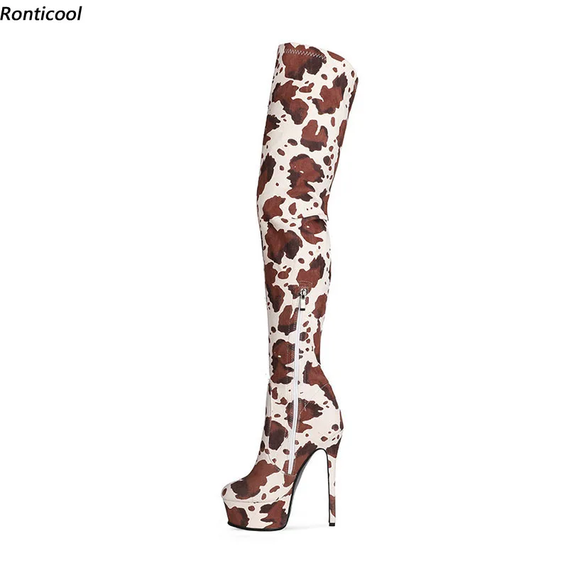 Ronticool Women Over The Knee Boots Flexible Sexy Cow Pattern High Heels Round Toe Pretty Black Brown Dress Shoes US Size 5-13