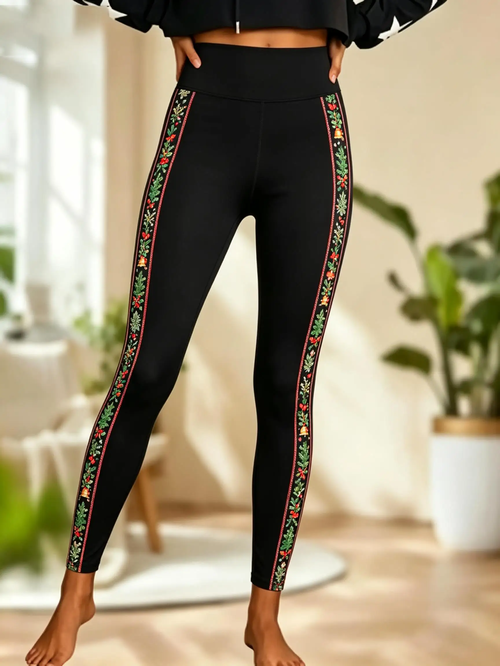 Women FleeceLined MidRise Leggings Christmas Holly Bell Floral Side Stripe Print Slim Warm Workout Pants