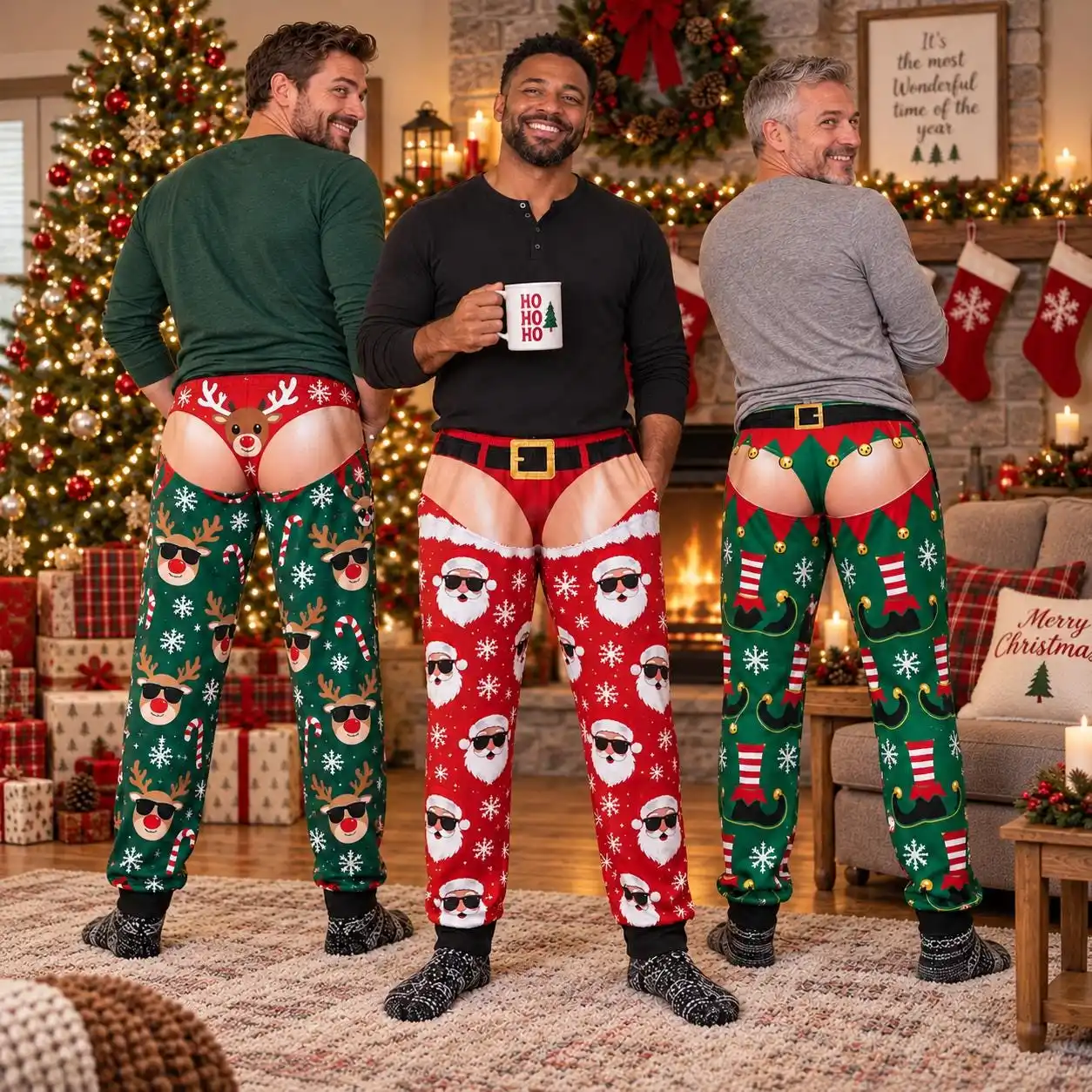 Funny Christmas Butt Pajama Pants Novelty Christmas Reindeer Elf Print Backless Pajama Pants Christmas Party Prank Home Outfit