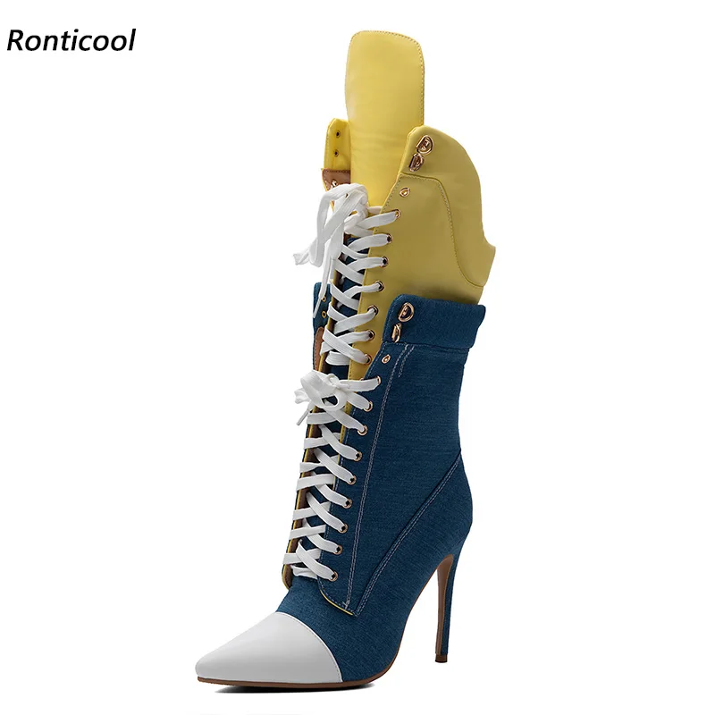 Women Color Block Denim Mid Claf Boots, Pointed Toe White Cap Toe Front Lace Up Stiletto Heel Fold Over Cuff Fashion Shoes