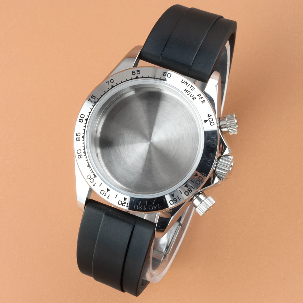 40MM Silver Stainless Steel Watch Case Rubber Strap For MOD Daytona VK63 VK64 Movement 29MM Dial Waterproof Men's Watch Case