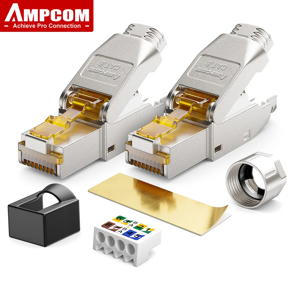 AMPCOM Toolless RJ45 Connector, CAT8/7A/7/6A/6 Tool Free Reusable Termination Plugs Shielded Ethernet Field Modular PLug